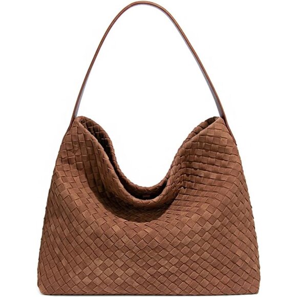 Handbags - Women’s Faux Suede Hobo Tote Bag Large Brown Travel Crossbody Purse